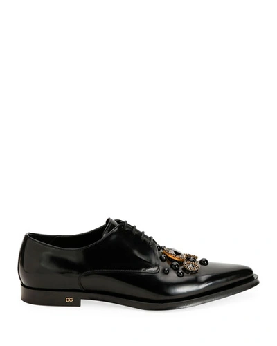 Shop Dolce & Gabbana Men's Dna Embellished Point-toe Derby Shoes In Black
