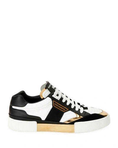 Shop Dolce & Gabbana Men's Millennials Star Dna Leather Sneakers W/ Metallic Trim In White/gold