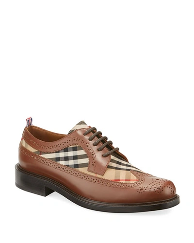 Shop Burberry Men's Arndale Vintage Check Brogue Leather Derby Shoes In Brown Pattern