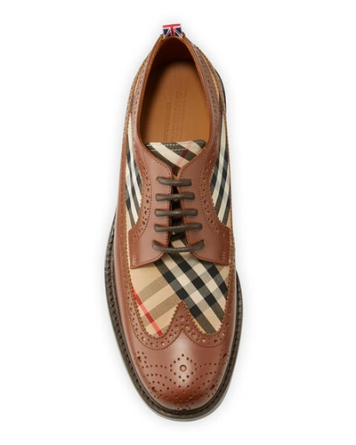 Shop Burberry Men's Arndale Vintage Check Brogue Leather Derby Shoes In Brown Pattern