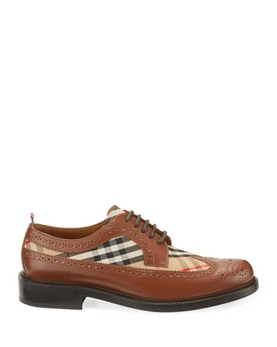 Shop Burberry Men's Arndale Vintage Check Brogue Leather Derby Shoes In Brown Pattern