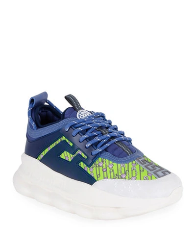 Shop Versace Men's Medusa/greek Key Chunky Sneakers In Blue/green