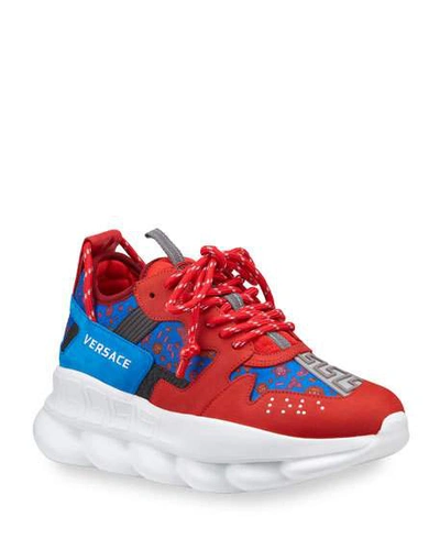 Shop Versace Men's Chain Reaction Chunky Medallion Sneakers In Red/blue