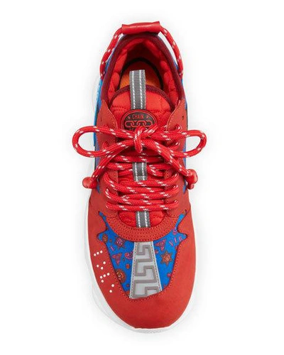 Shop Versace Men's Chain Reaction Chunky Medallion Sneakers In Red/blue