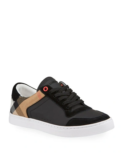 Shop Burberry Men's Reeth Leather House Check Low-top Sneakers, Black