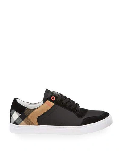 Shop Burberry Men's Reeth Leather House Check Low-top Sneakers, Black