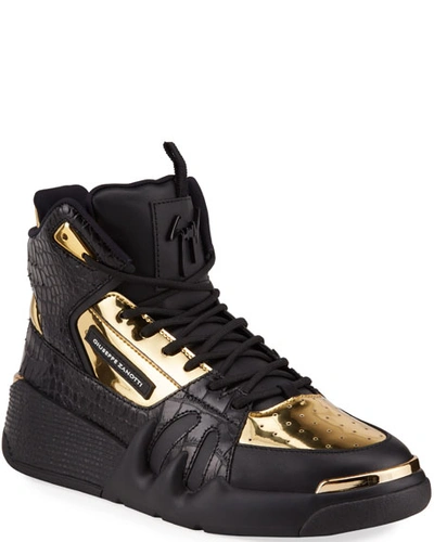 Shop Giuseppe Zanotti Men's Talon Metallic & Croc-embossed Leather Sneakers In Black/gold