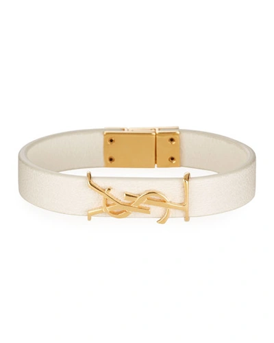 Shop Saint Laurent Simple Tour Leather Ysl Monogram Bracelet In Cream