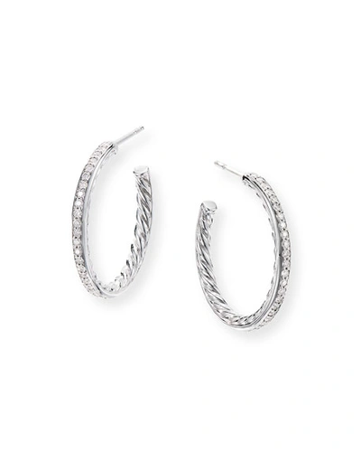 Shop David Yurman Small Hoop Earrings W/ Pave Diamonds In White/silver