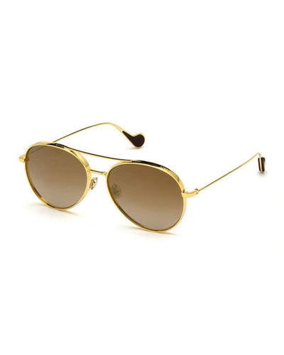 Shop Moncler Aviator Metal Sunglasses In Brown/gold