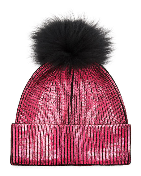 Jocelyn Fox Fur Pom-pom Metallic Beanie In Hot Pink | ModeSens