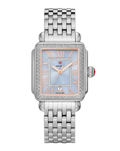 Shop Michele Deco Madison Stainless Diamond Watch, Blue/silver