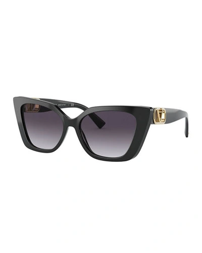 Shop Valentino Cat-eye Acetate Sunglasses W/ Golden V Temples In Black