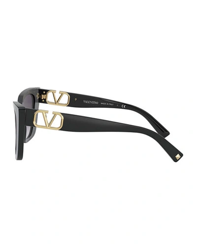 Shop Valentino Cat-eye Acetate Sunglasses W/ Golden V Temples In Black