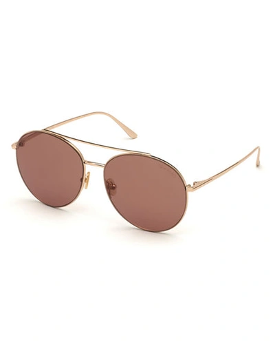 Shop Tom Ford Round Metal Mirrored Sunglasses In Rose Gold/violet