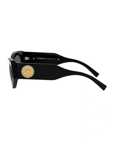Shop Versace Chunky Cat-eye Sunglasses W/ Crystal Embellished Medusa Temples In Black