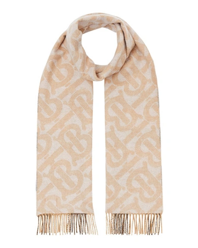 Shop Burberry Half Mega Check Logo Reversible Cashmere Scarf In Alabaster