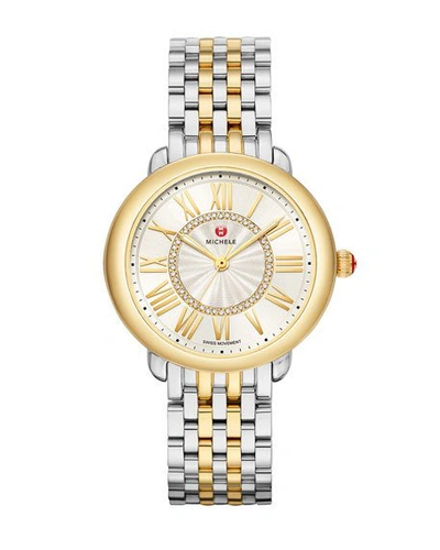 Shop Michele Serein Mid Diamond Dial Watch In Silver/gold