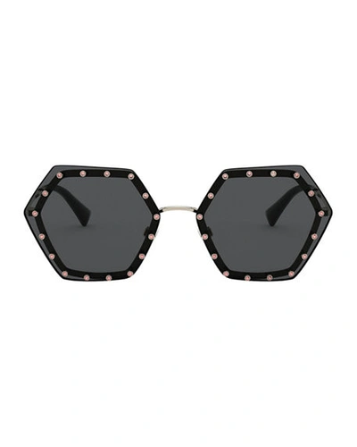 Shop Valentino Crystal Lined Rimless Hexagon Sunglasses In Gray/pink
