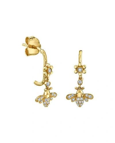 Shop Sydney Evan 14k Diamond Daisy And Bee Wire Drop Earrings In Gold