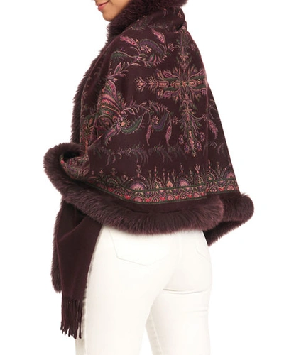 Shop Gorski Paisley Print Cashmere Stole W/ Fox Fur Trim In Wine Paisley