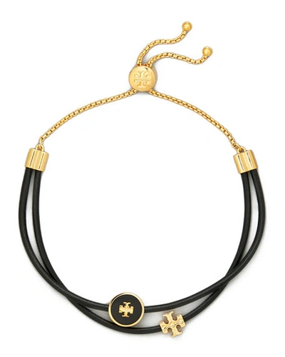 Shop Tory Burch Enamel Logo-slider Bracelet In Black/gold