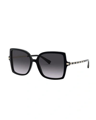 Shop Valentino Square Acetate Sunglasses W/ Rockstud Arms In Black