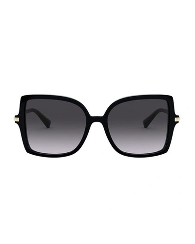Shop Valentino Square Acetate Sunglasses W/ Rockstud Arms In Black