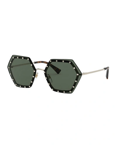 Shop Valentino Crystal Lined Rimless Hexagon Sunglasses In Light Gold/green