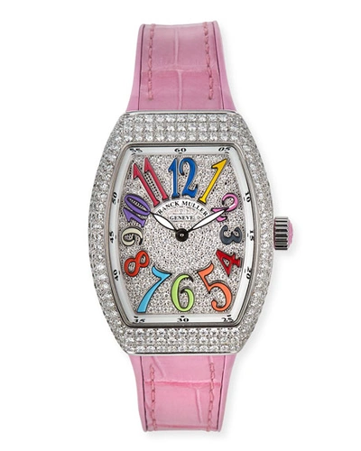 Shop Franck Muller Vanguard 32mm Color Dreams All-diamond Watch W/ Alligator Strap, Pink