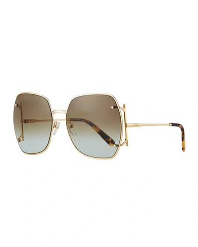 Shop Ferragamo Square Gancio Metal Sunglasses In Khaki/mint