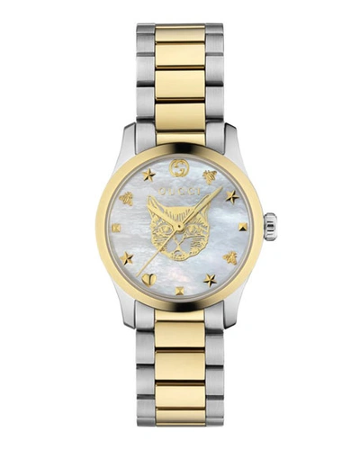 Shop Gucci 27mm G-timeless Bracelet Watch W/ Feline, White Mother-of-pearl