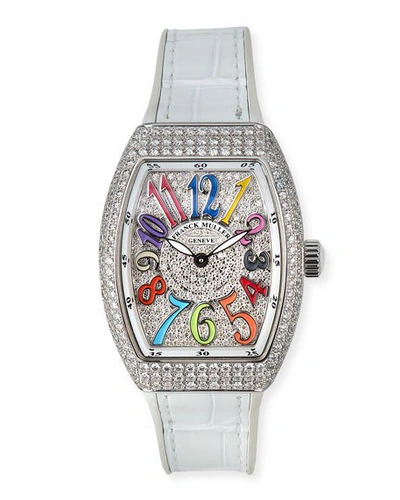 Shop Franck Muller Vanguard 32mm Color Dreams All-diamond Watch W/ Alligator Strap, White