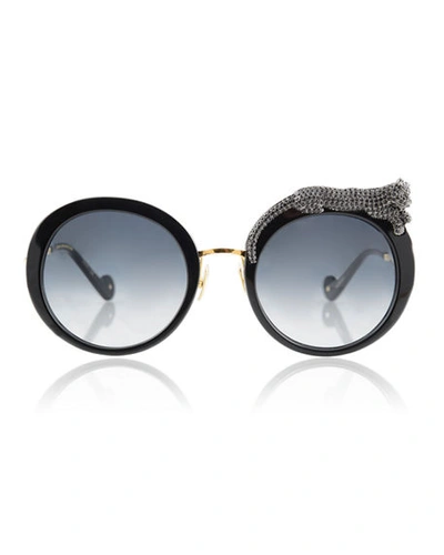Shop Anna-karin Karlsson Rose Et La Roue Round Crystal-embellished Leopard Sunglasses In Black/black