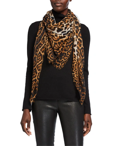 Shop Saint Laurent Leopard Pattern Fringe Scarf In Beige/black