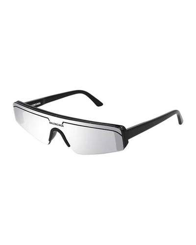 Shop Balenciaga Slim Rectangle Shield Sunglasses In Black/silver