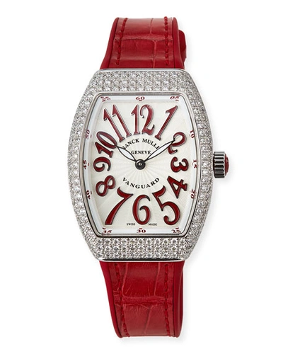 Shop Franck Muller Lady Vanguard Watch With Diamonds & Alligator Strap, Red
