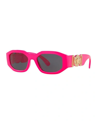 Shop Versace Chunky Rectangle Sunglasses W/ Logo Disc Arms In Fuchsia