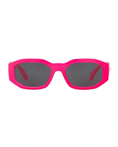 Shop Versace Chunky Rectangle Sunglasses W/ Logo Disc Arms In Fuchsia