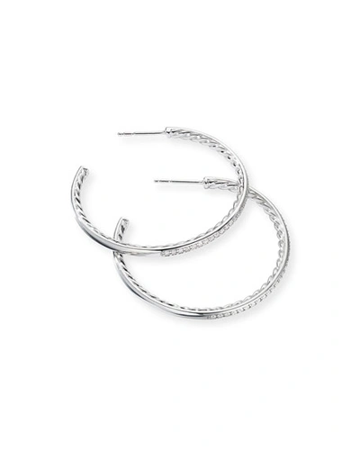 Shop David Yurman Medium Hoop Earrings W/ Pave Diamonds In White/silver