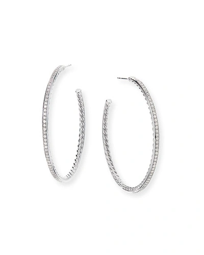 Shop David Yurman Large Hoop Earrings W/ Pave Diamonds In White/silver