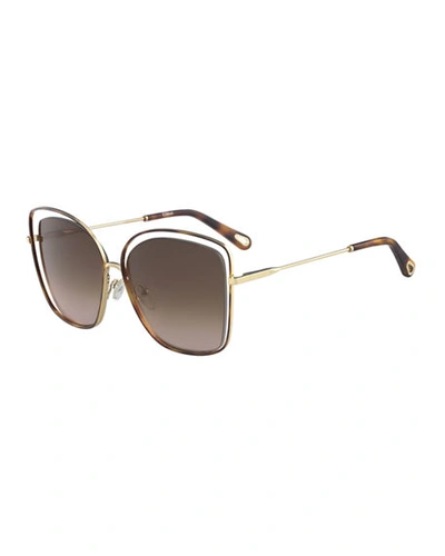 Shop Chloé Poppy Cutout Metal Square Sunglasses In Havana/brown