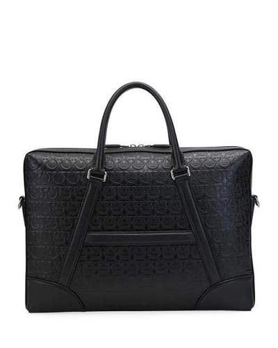 Shop Ferragamo Men's Gancini-embossed Leather Briefcase In Black