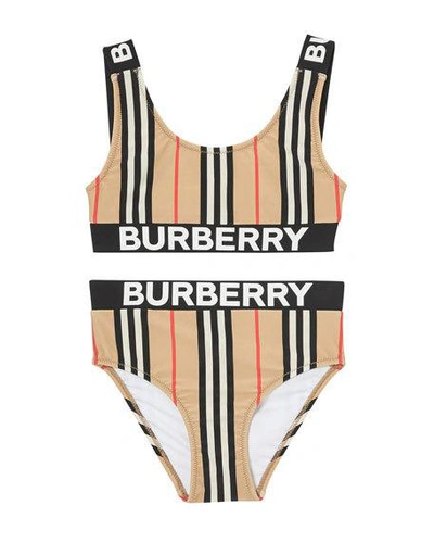 Shop Burberry Girl's Liana Icon Stripe Two-piece Bikini Set In Beige