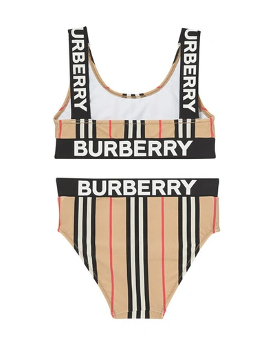 Shop Burberry Girl's Liana Icon Stripe Two-piece Bikini Set In Beige