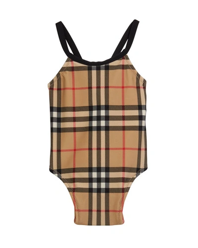 Shop Burberry Girl's Crina Signature Check One-piece Swimsuit In Beige