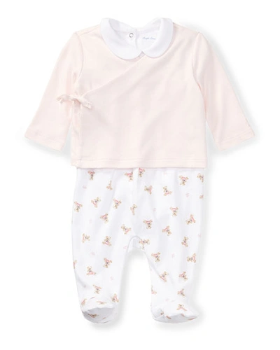 Shop Ralph Lauren Interlock Knit Polo Bear Footed Overalls W/ Kimono Top & Peter Pan Bodysuit In Pink