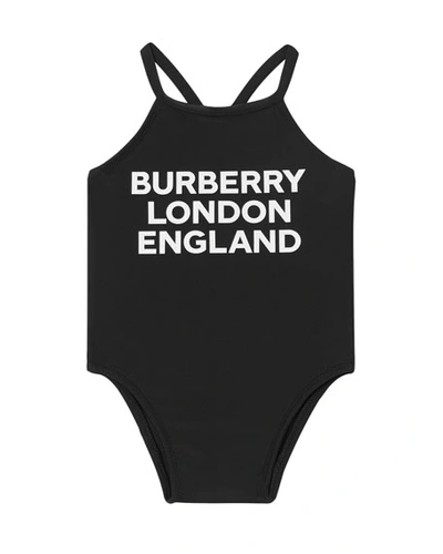 Shop Burberry Girl's Crina Logo Print Solid One-piece Swimsuit In Black