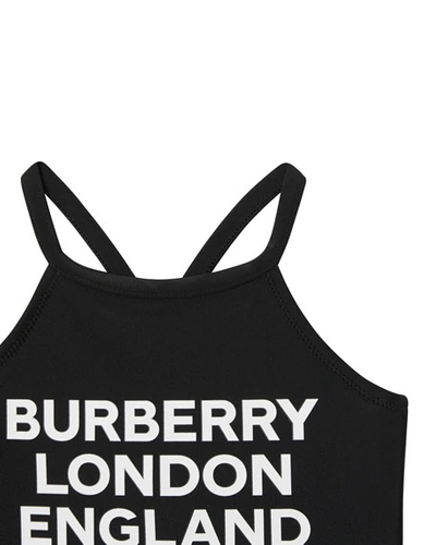 Shop Burberry Girl's Crina Logo Print Solid One-piece Swimsuit In Black