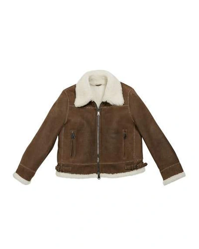 Shop Brunello Cucinelli Girl's Shearling Zip Front Jacket W/ Monili Trim In Brown